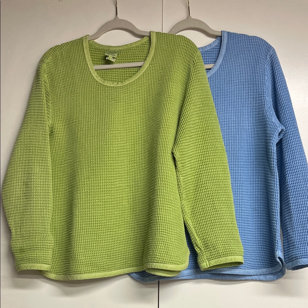 Focus Bundle of Waffle Knit 100% Cotton Tops, Green + Blue, Women’s Large